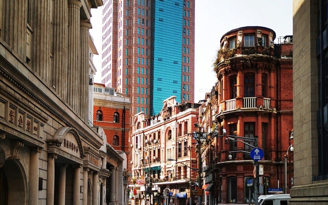 Traffic moving between high-rise towers in central Shanghai