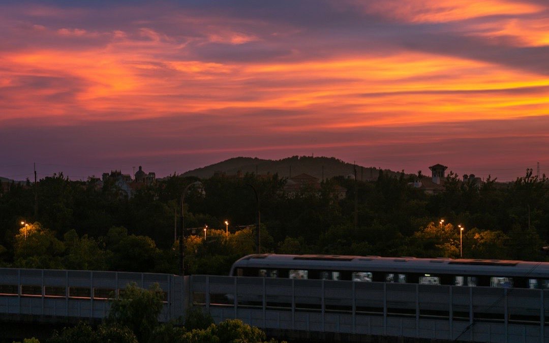 Metro train crossing an elevated bridge in the city